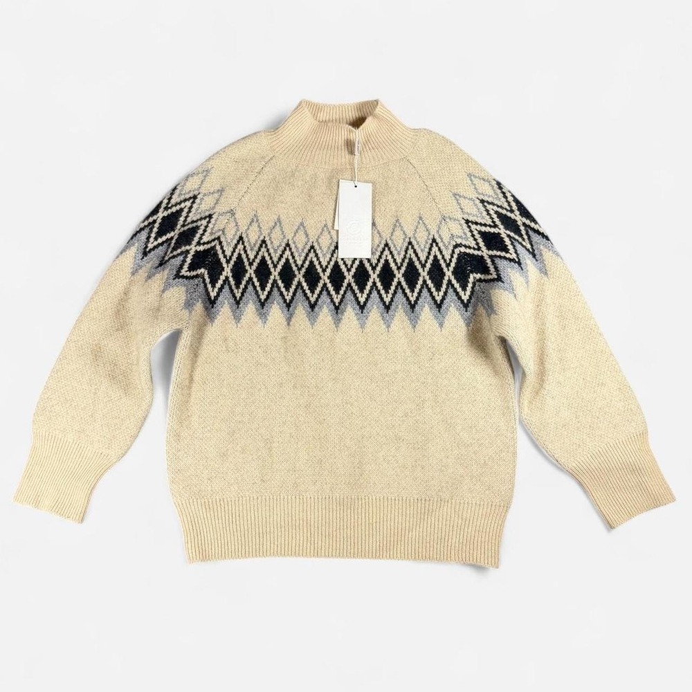 NEW Gobi Mongolian Cashmere Cream Mock Neck Sweater Geometric Fair Isle L